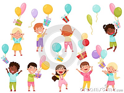 Kid Characters Throwing Gift Boxes with Balloons Vector Illustration Set Vector Illustration