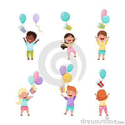 Kid Characters Throwing Gift Boxes with Balloons Vector Illustration Set Vector Illustration