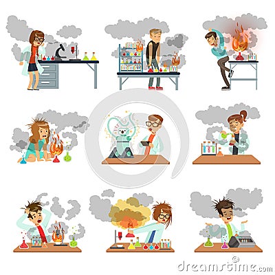 Kid chemists characters looking dirty after failed chemical experiments set of vector Illustrations Vector Illustration