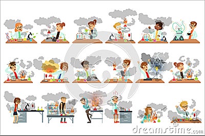 Kid chemists characters posing in different situations looking dirty after failed chemical experiments set of vector Vector Illustration