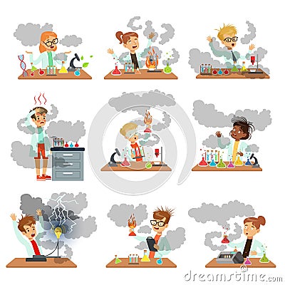 Kid chemists characters posing in different situations looking dirty after failed chemical experiments set of vector Vector Illustration