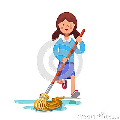 Kid cleaning floor with dust mop wet broom Vector Illustration