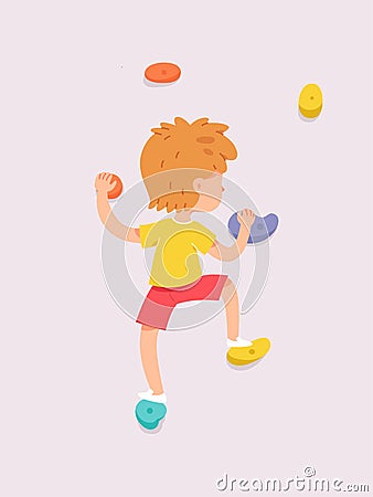 Kid climber climbing rock wall, fearless boy bouldering, hanging on rope Vector Illustration