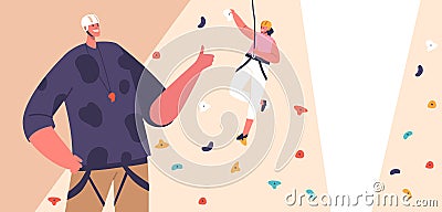 Kid Climber Climbing Rock Wall. Fearless Girl Alpinist Character Bouldering, Hanging On Rope Indoor In Gym Playground Vector Illustration