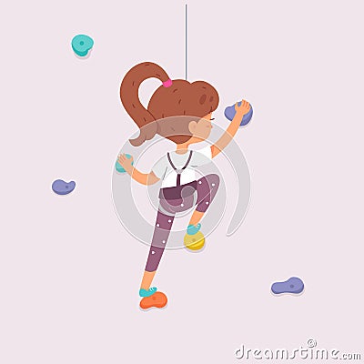 Kid climber climbing rock wall, fearless girl bouldering, hanging on rope Vector Illustration