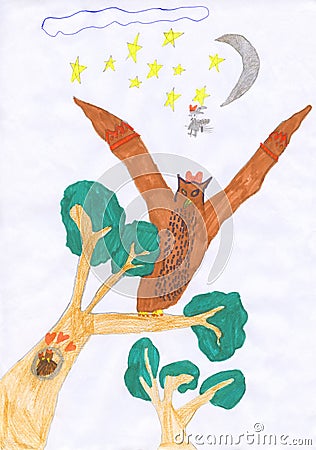Kid colored pencil drawing of an owl in the night Stock Photo