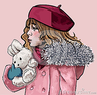 Cute Girl Wearing Winter Clothes Holding Toy Bunny Vector Illustration