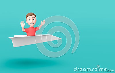 Kid 3D Cartoon Character Flying on a Paper Airplane on Blue with Copy Space Stock Photo