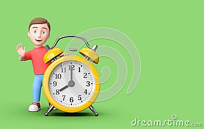 Kid 3D Cartoon Character Leaning on an Alarm Clock on Green with Copy Space Stock Photo