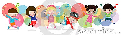 Kid dancing together, Children dancing break dance. boys and girls dancer, Happy multiracial child jumping on background colorful Vector Illustration