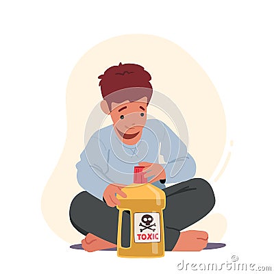 Kid In Dangerous Situation, Child Sitting on Floor Play With Toxic Liquid Opening Bottle with Hazardous Poison Vector Illustration