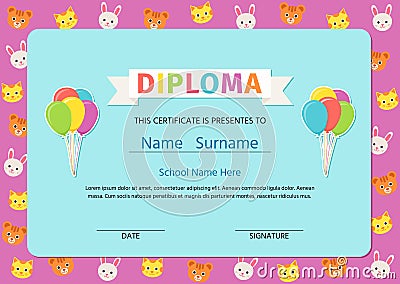 Kid diploma, certificate. Vector illustration. Cute preschool design Vector Illustration