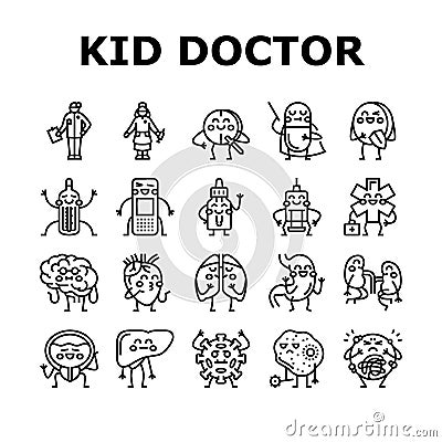 Kid Doctor Disease Treatment Icons Set Vector Vector Illustration