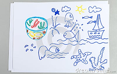 Kid drawings set of different sea animals and elements Stock Photo