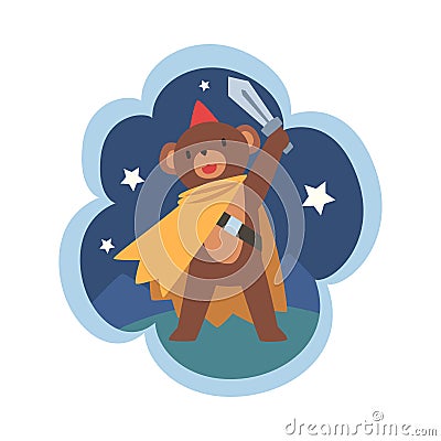 Kid Dreams, Sweet Dream Cloud with Brave Bear Superhero with Sword, Childhood Fantasy Vector Illustration Vector Illustration