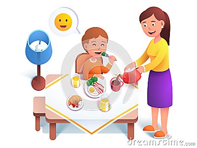 Kid eating breakfast meal, Mother serving table Vector Illustration