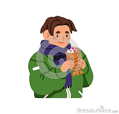 Kid eating bungeoppang, fish-shaped bread. Happy child with Korean dessert, sweet pastry with icecream. Korea street Vector Illustration