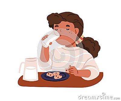 Kid eating cookies, drinking milk from glass. Girl, little child with sweet dessert, snack. Hungry schoolkid having meal Vector Illustration
