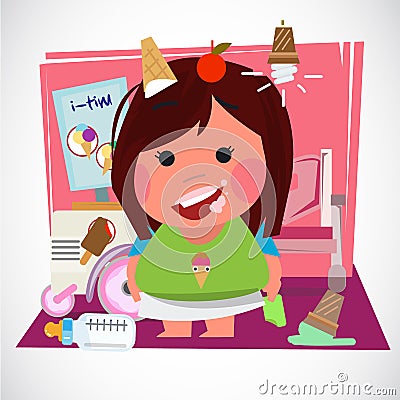 Kid, eating, girl, cold, tongue, delicious, pigtail, sweet, red Vector Illustration