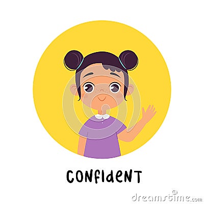 Kid Emotion with Confident Girl Character in Round Shape Show Face Expression Vector Illustration Vector Illustration