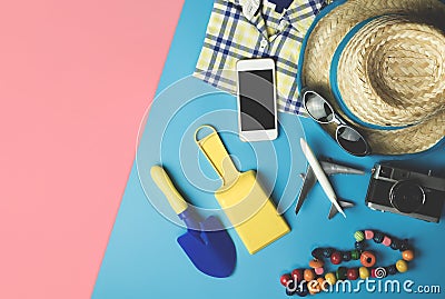 Kid fashion beach accessories flatlay for Summer vacation theme Stock Photo