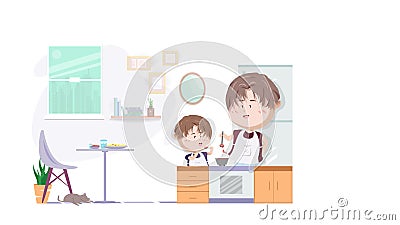 Kid and father cooking in the kitchen room, learning and development at home, people leisure activities skill in quarantine, Vector Illustration