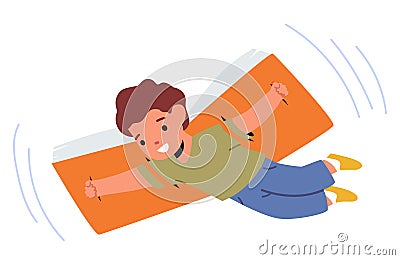 Kid Flying On A Huge Book Wings, Soaring High Above The Clouds With A Look Of Wonder On Face. Imagination Vector Illustration