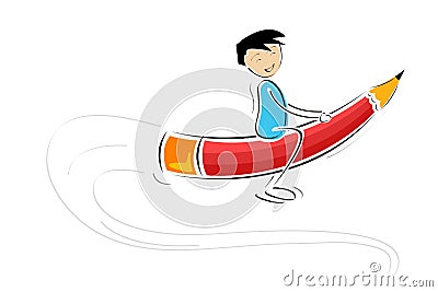 Kid flying on pencil Stock Photo