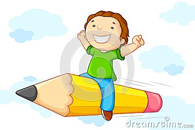 Kid flying on Pencil Vector Illustration