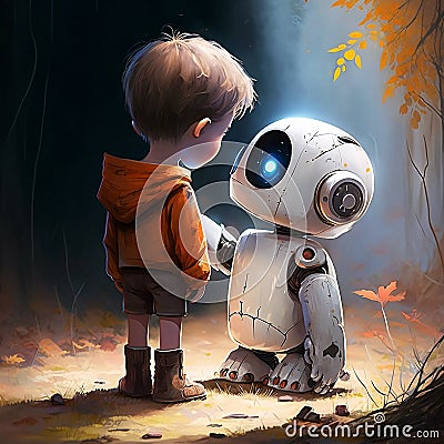 A kid with a friendly white robot digital art Cartoon Illustration