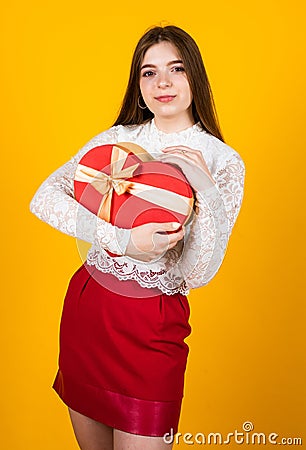 Kid with gift. shopping on holidays. time for presents. happy birthday. child with box. best present ever. be my Stock Photo
