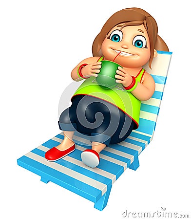 Kid girl with Beach chair & Coconut Cartoon Illustration