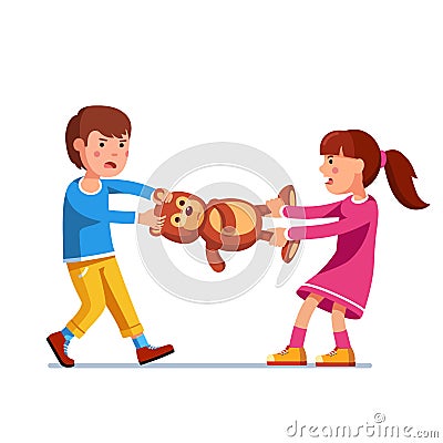 Kid girl, boy brother and sister fighting over toy Vector Illustration
