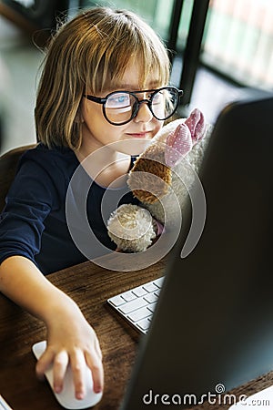 Kid Girl Computer Relax Leisure Concept Stock Photo