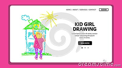 Kid Girl Drawing House And Sun With Crayon Vector Vector Illustration