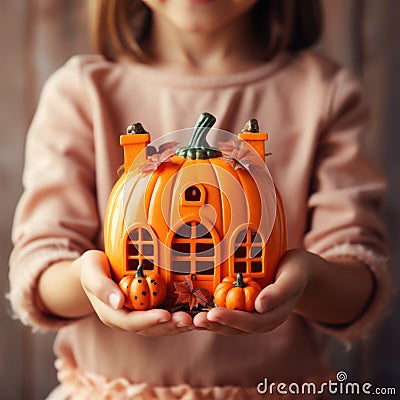 Kid girl holding pumpkin toy house, close up. AI generated picture Stock Photo