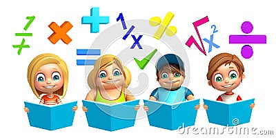 Kid girl and kid boy with Math sign and book Cartoon Illustration