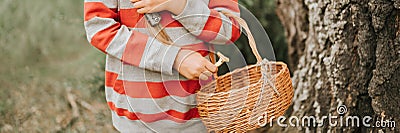 kid girl mushroom picker is seek for and picking mushrooms with basket in the summer forest or woodland. child survivalists gather Stock Photo