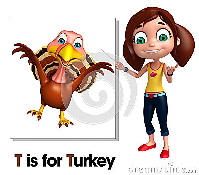 Kid girl pointing Turkey Cartoon Illustration