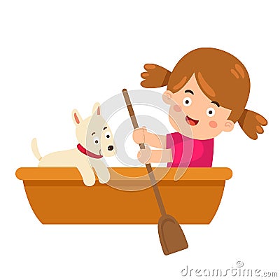 kid girl rowing the boat Vector Illustration