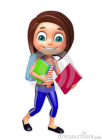 Kid girl with School bag and Book Cartoon Illustration