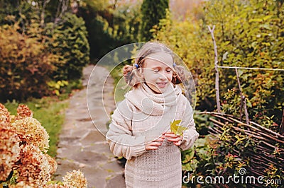 Kid girl walking in the garden in late october or november and playing with maple leaf. Children exploring nature Stock Photo