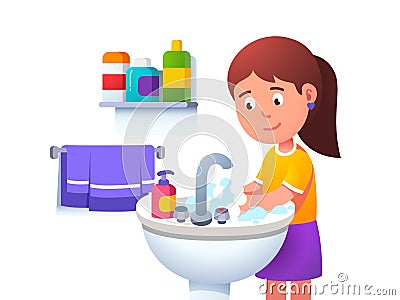 Kid girl washing hands at washbowl sink basin Vector Illustration