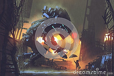 Kid giving umbrella to giant robot in the rainy night Cartoon Illustration