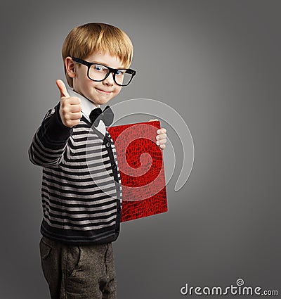 Kid in Glasses, Child Advertiser, Certificate Book, School Boy Stock Photo