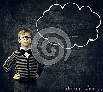 Kid in Glasses Think Bubble over Blackboard, Child Boy Thinking Stock Photo