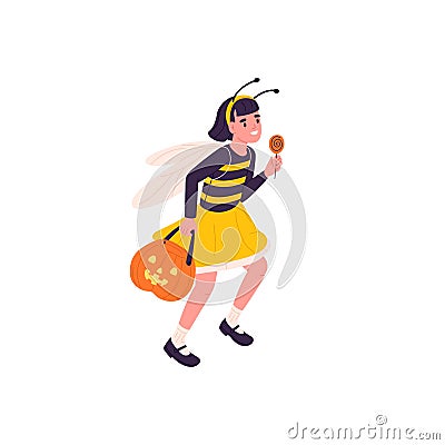 Kid in Halloween party costume of cute bee, walking with lollipop. Happy girl with pumpkin and candies running Vector Illustration