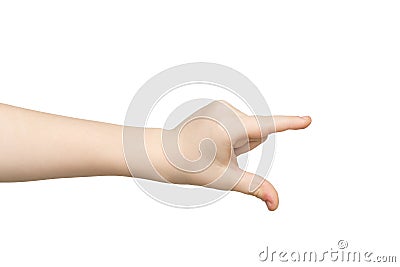 Kid hand measuring something, cutout, gesture Stock Photo