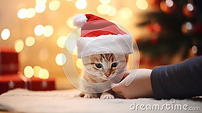 Kid hand petting cute ginger kitten wearing santa hat with Christmas tree on background, Christmas and cat concept. Generative AI Stock Photo