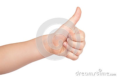 Kid hand shows thumb up gesture, isolated on white background Stock Photo